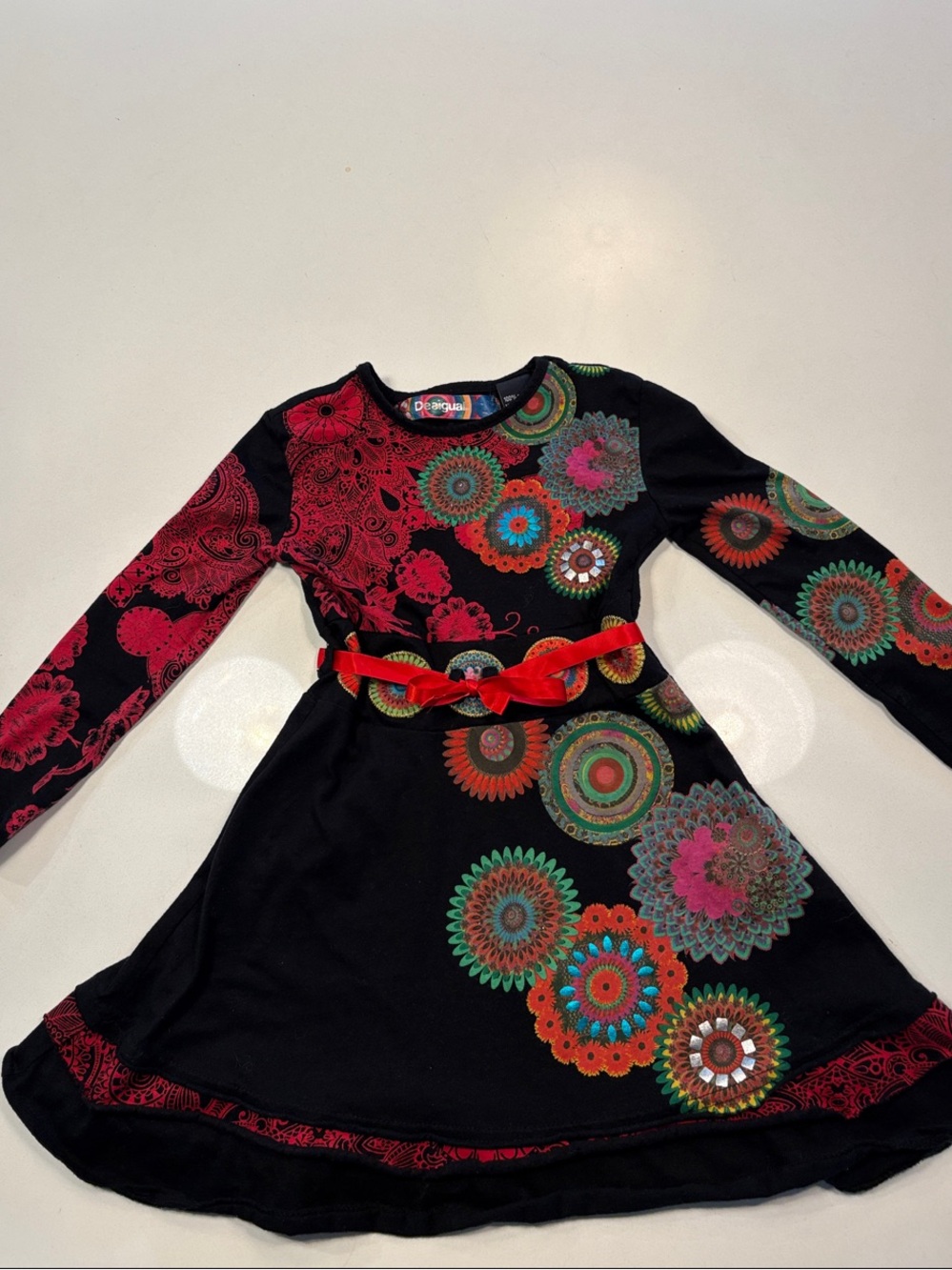 Desigual Girls Black Multi-Color Floral Medallion Long-Sleeve Dress